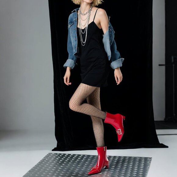 Women's Buckle Red Ankle Boot Kitten Heel Pointed Toe Leather Fashion Dress Boot - Picture 8 of 9